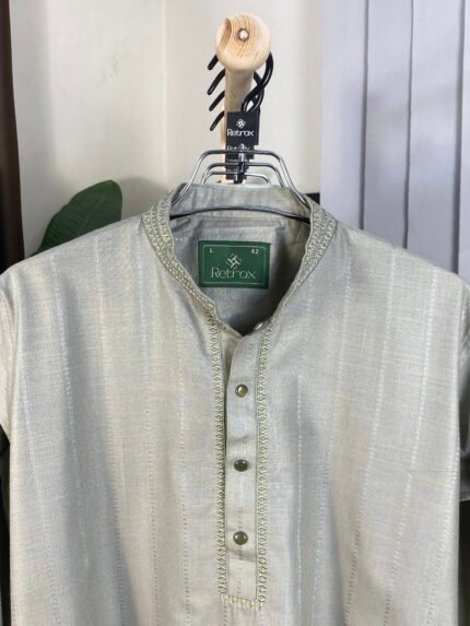 remium Off-White Semi-Formal Punjabi with Subtle Texture & Elegant Embroidery